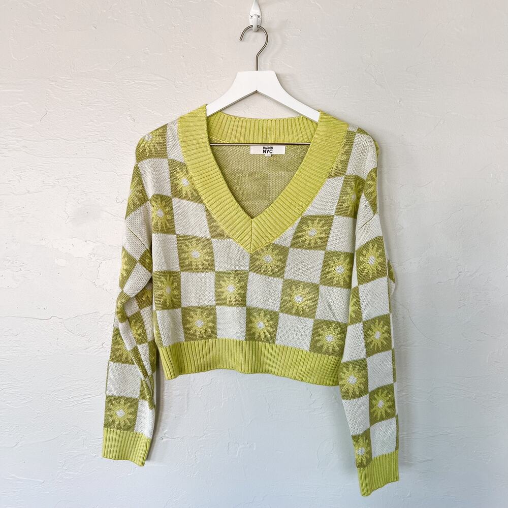 Madden NYC Green Floral Checkerboard Cropped V-Neck Sweater Women’s Large
